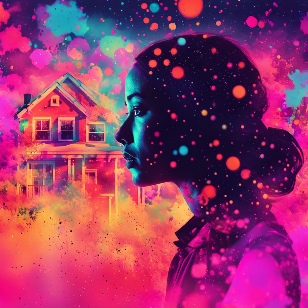 Surreal Woman Drifting in Dreamlike House Parties