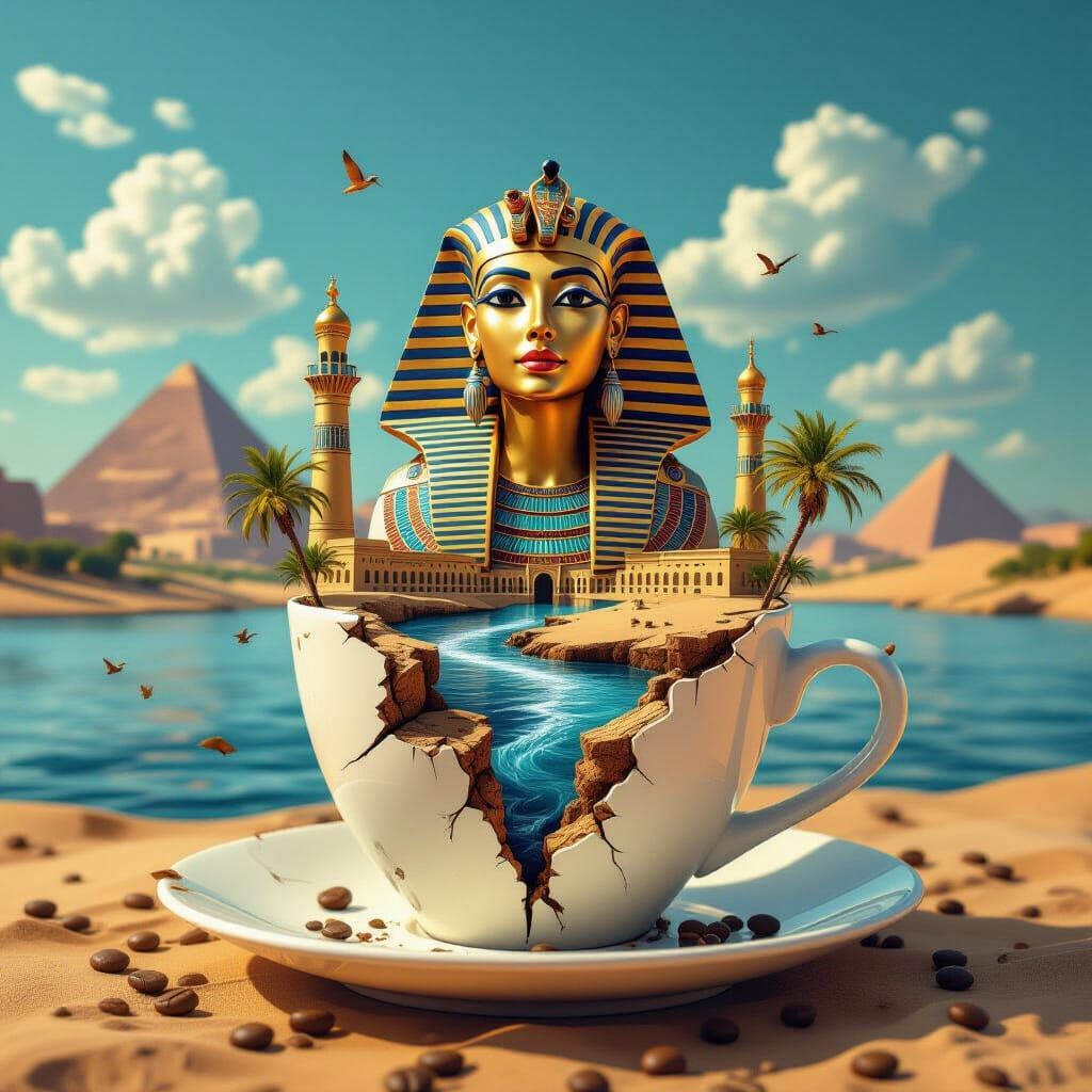 Egyptian Queen and Palace Erupting from Coffee Cup