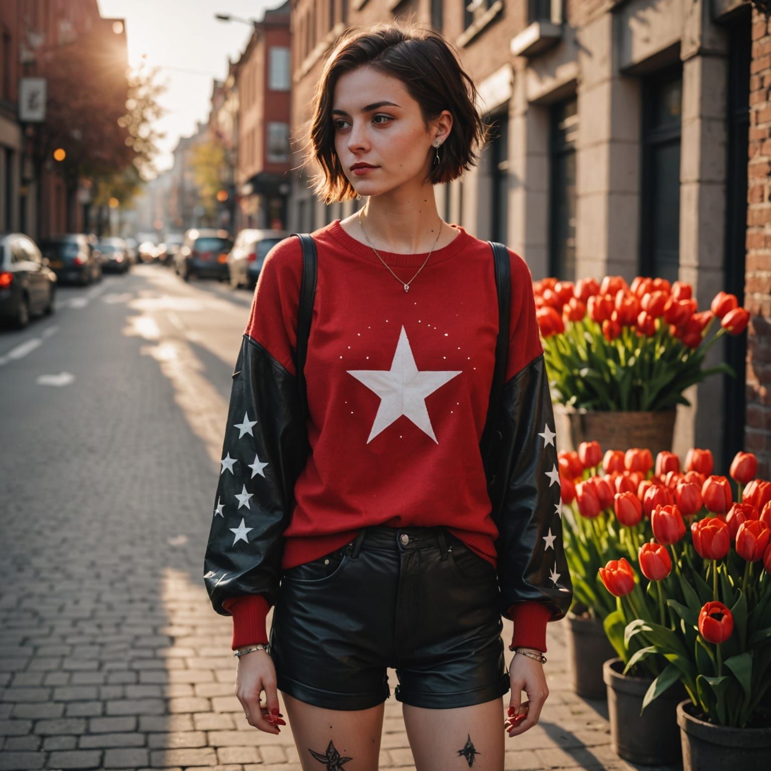 Cute Emo Girl with Wings and Red Tulips in Vibrant City Scen...