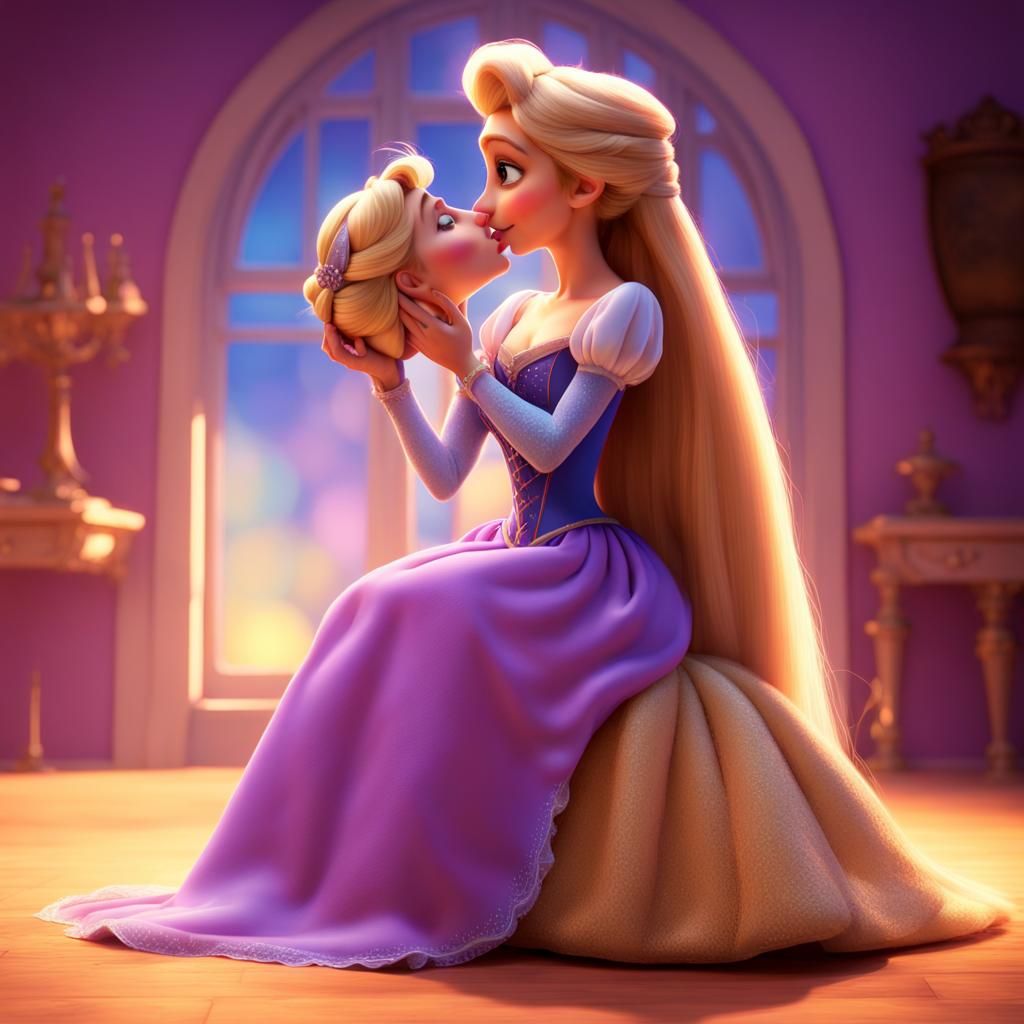 Rapunzel and Cinderella About to Kiss: 3D Digital Art