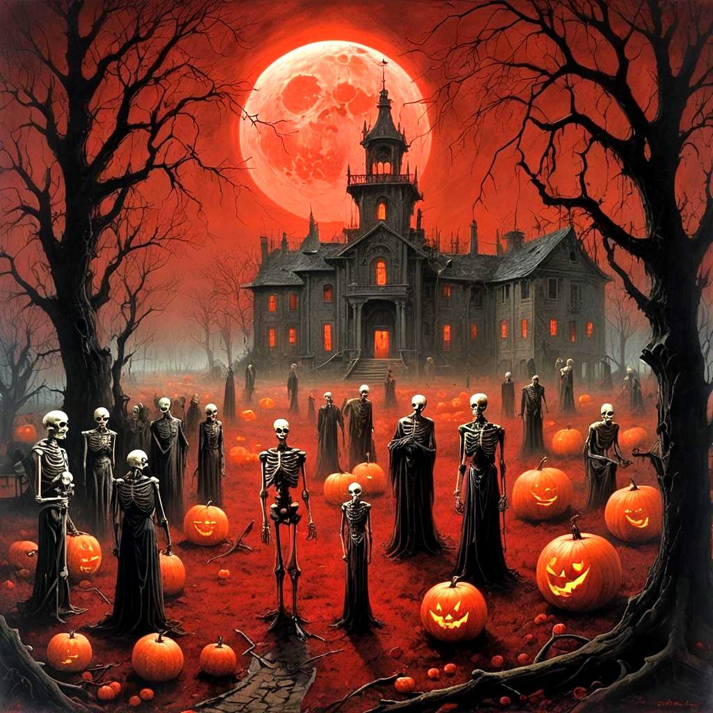 Haunted Mansion Meeting in Beksiński-Inspired Surrealism