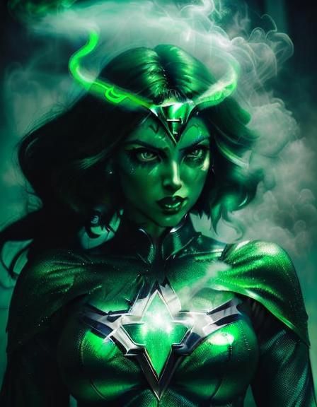 Mystical Emerald Superheroine in Dynamic Art Deco Style