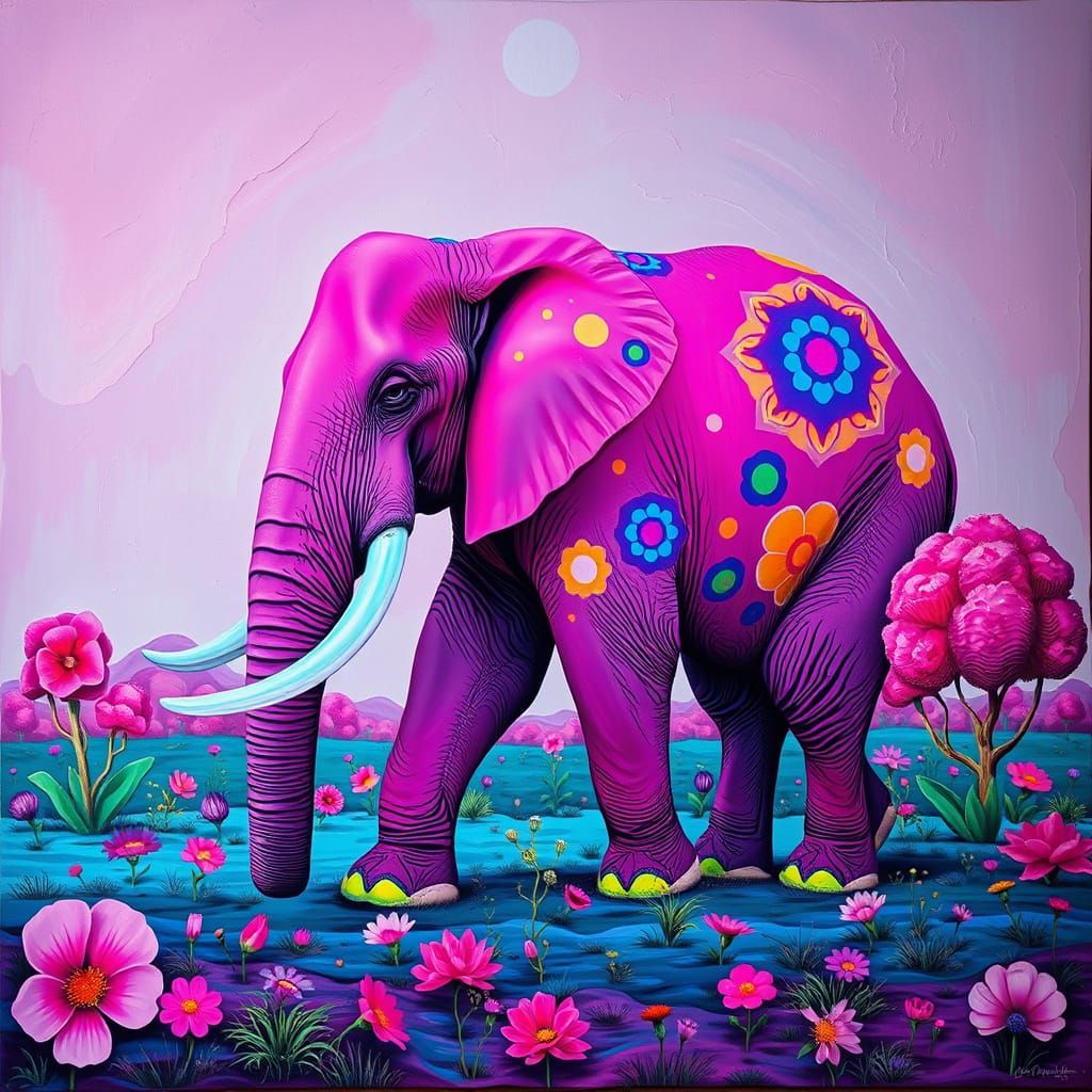 "A joyful and surreal painting of a giant elephant, its body...