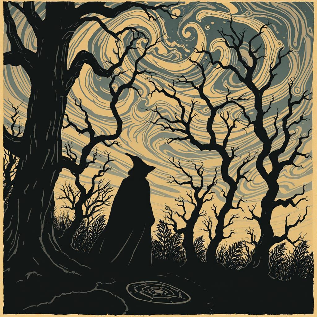 Mysterious Witch in Gnarled Forest at Twilight