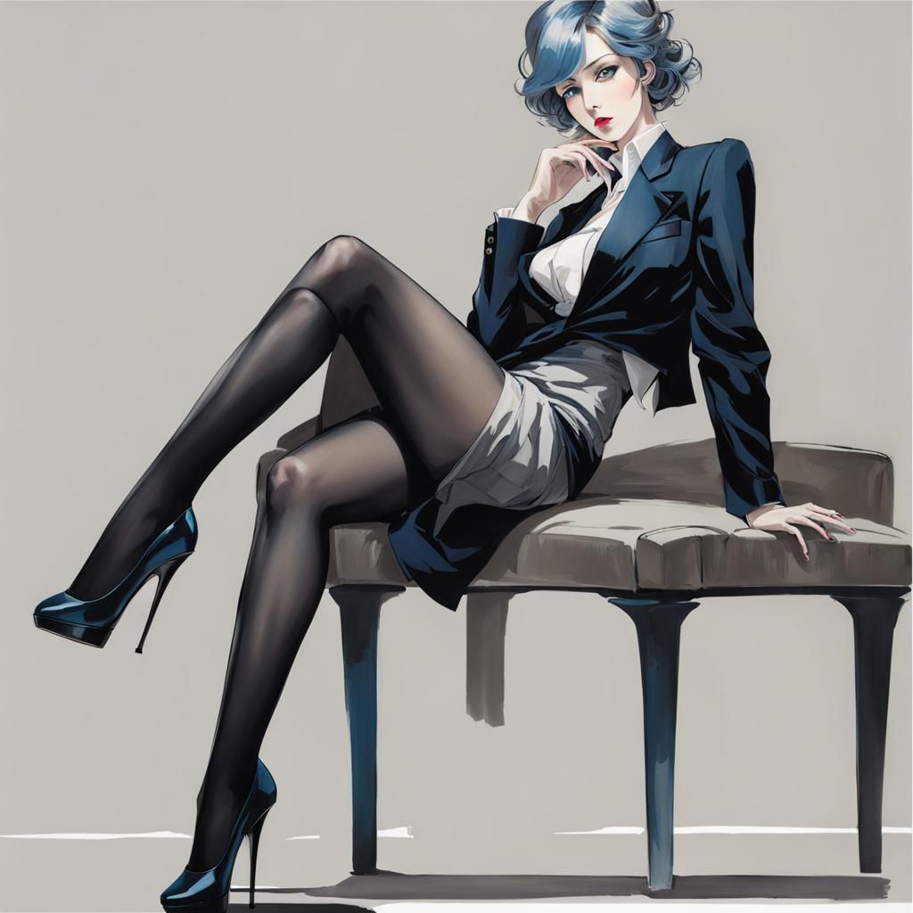 Woman reclines wearing stockings and heels