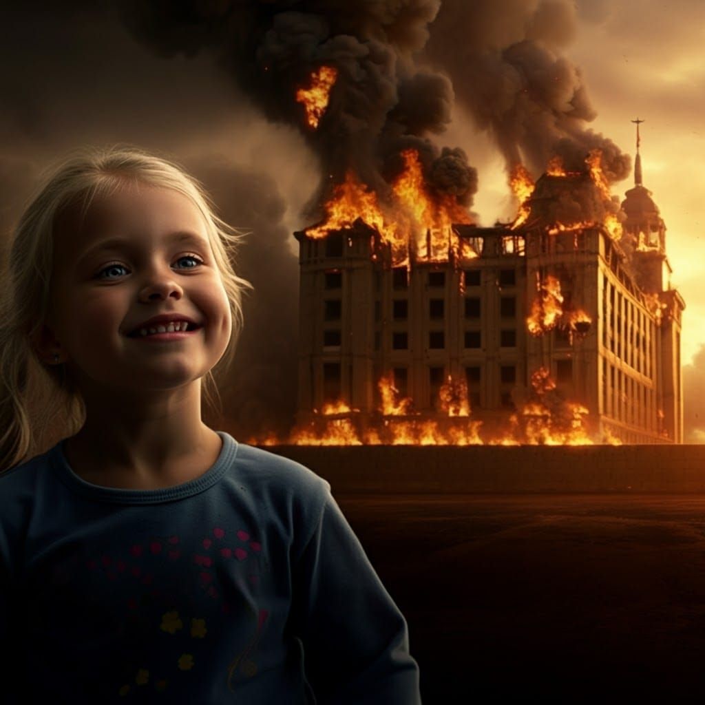 Contrasting Image: Girl Smiles as Building Burns