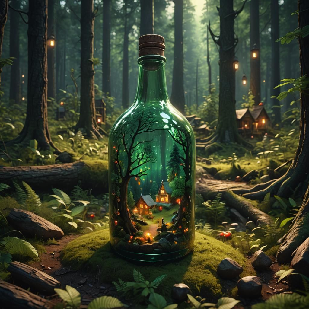 Miniature Town Inside Bottle in Forest
