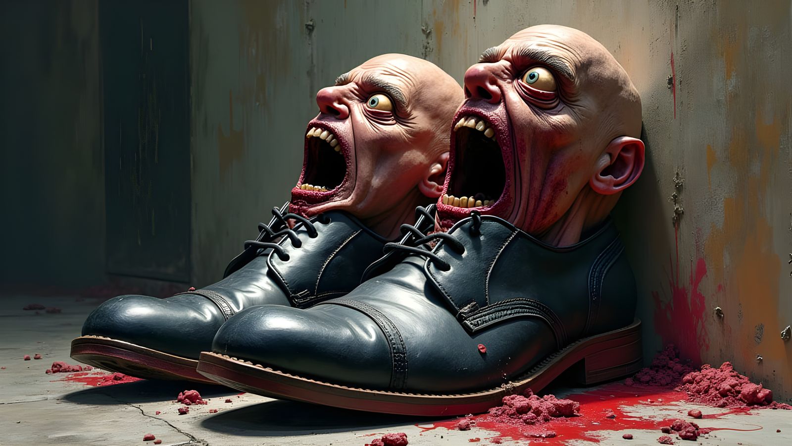 Menacing Dress Shoes in Agony, Hyperrealistic Art