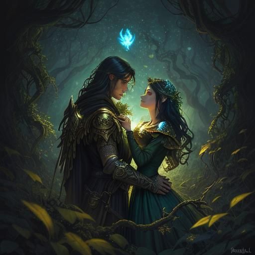 In the art style of Luis Royo. Snow White. Fairy forest. Dar...