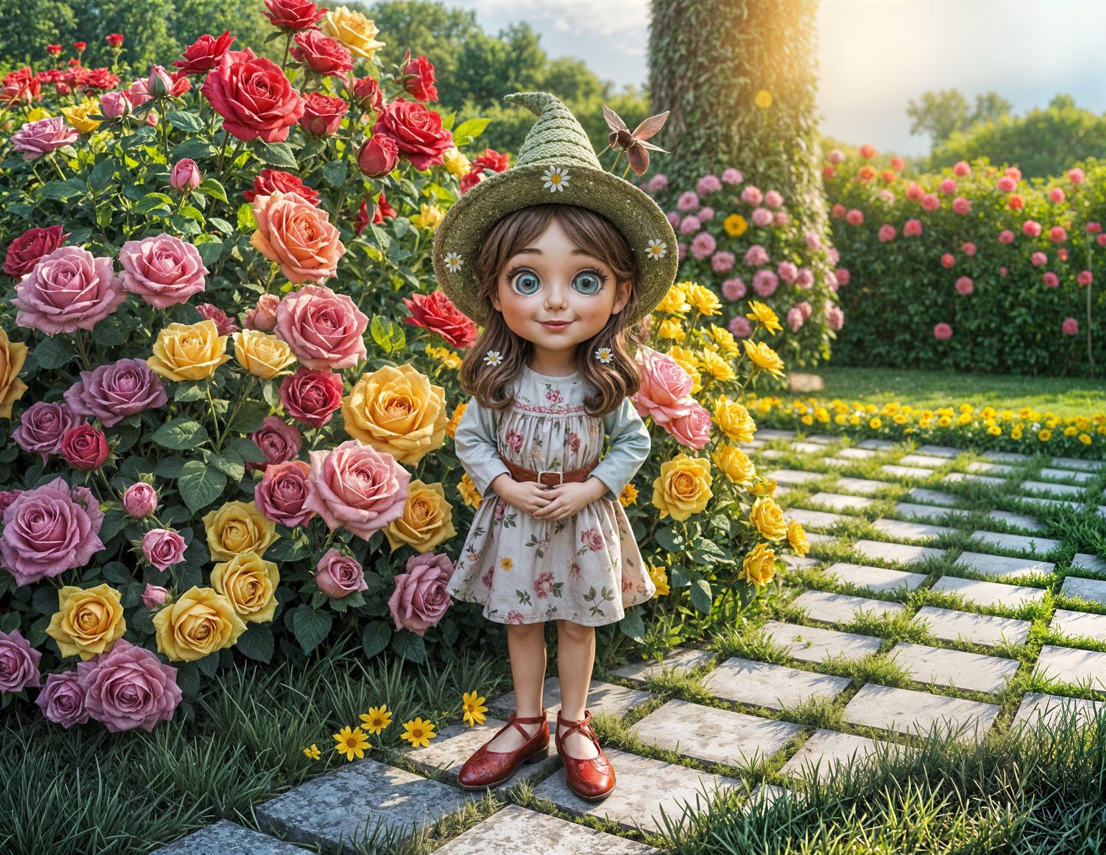 Charming Gnome Woman in a Rose Garden