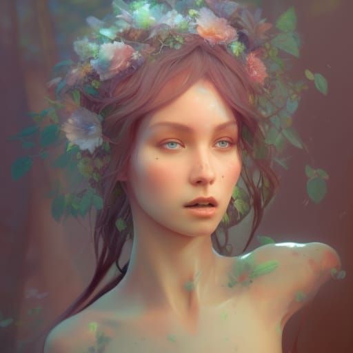 Detailed Forest Nymph Portrait in Art Nouveau Style