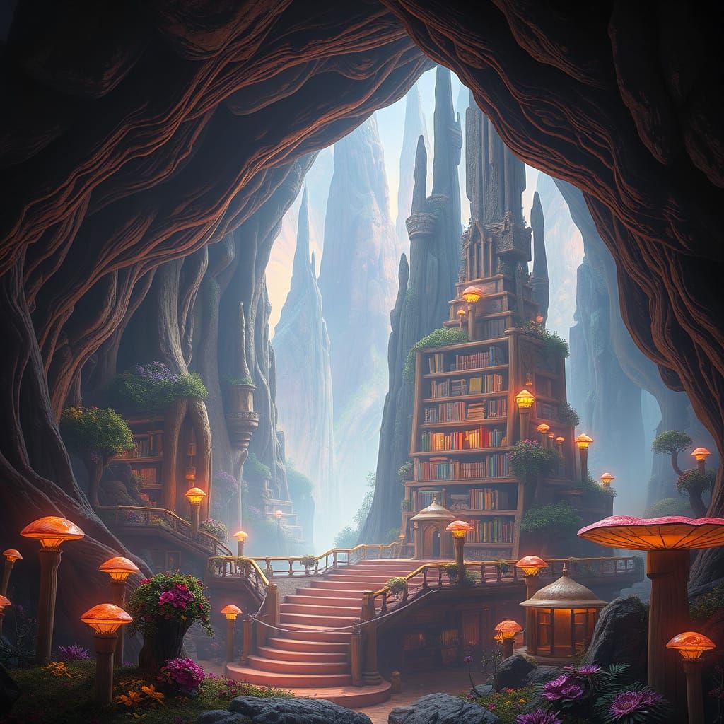 Enchanted Crystal Library Amidst Iridescent Caverns