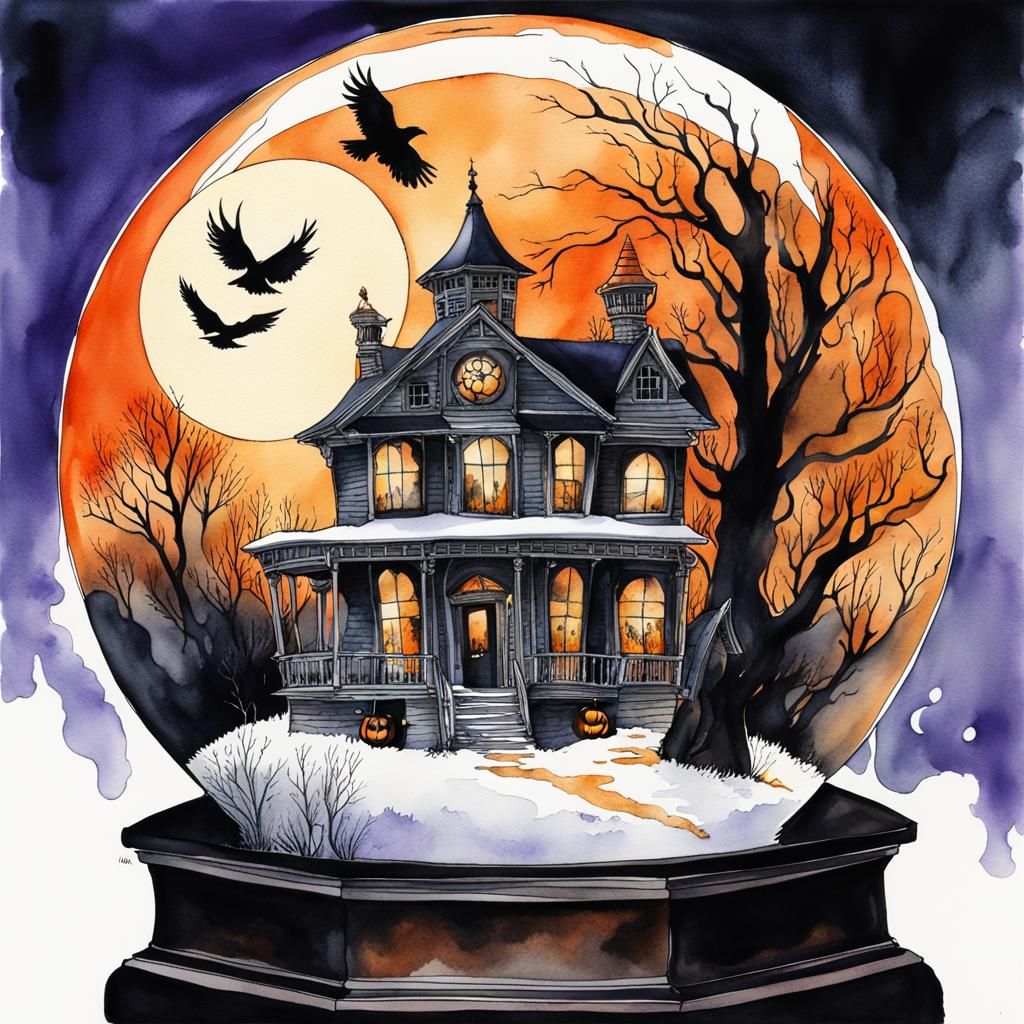Haunted House Snow Globe: Watercolor and Ink Art