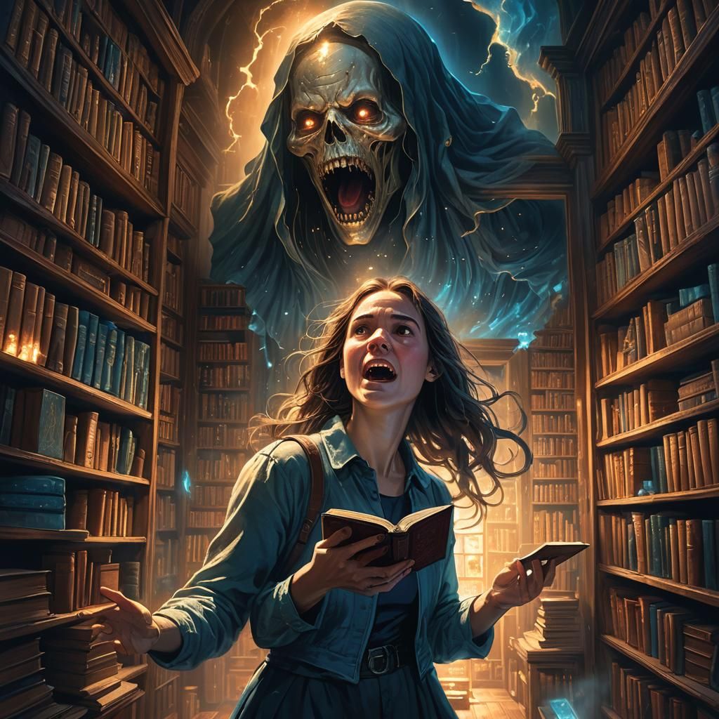 Woman Stares at Ghost Head in Book-Filled Cupboard