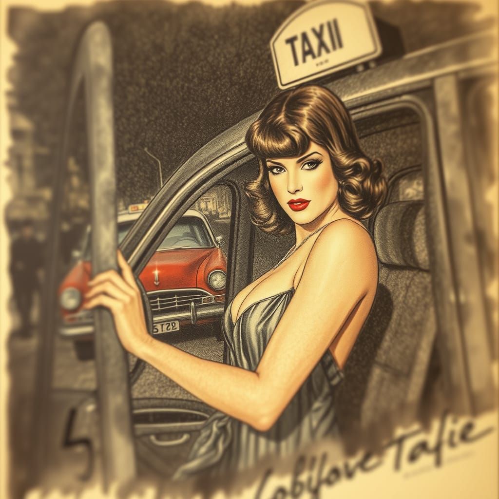 Vintage 1920s Woman in Taxi, Charcoal Drawing