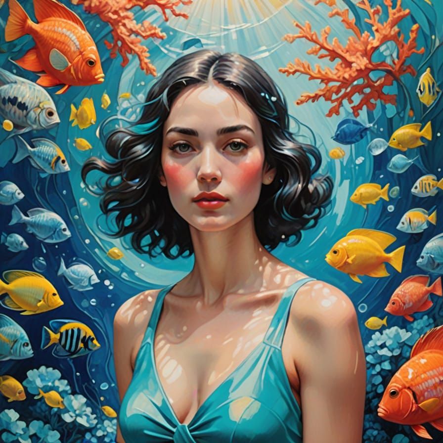 Ethereal Oceanic Goddess Among Vibrant Coral Reefs in Dreamy...
