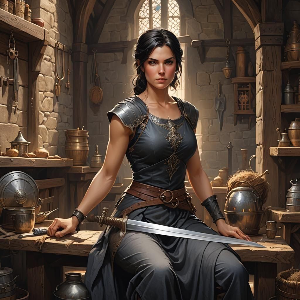 Medieval Woman Cleans Sword in Fantasy Inn