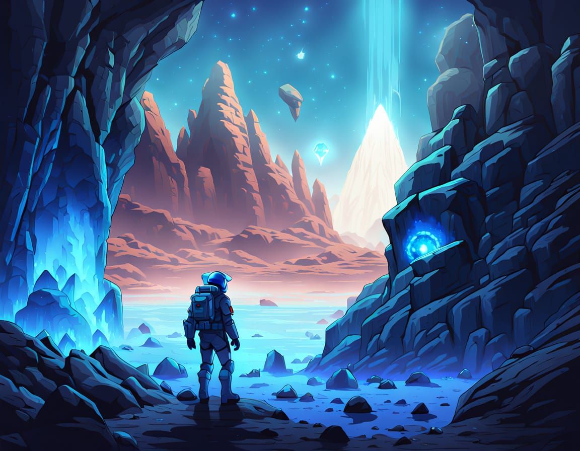 Astronaut in Glowing Crystal Cave on Alien Planet