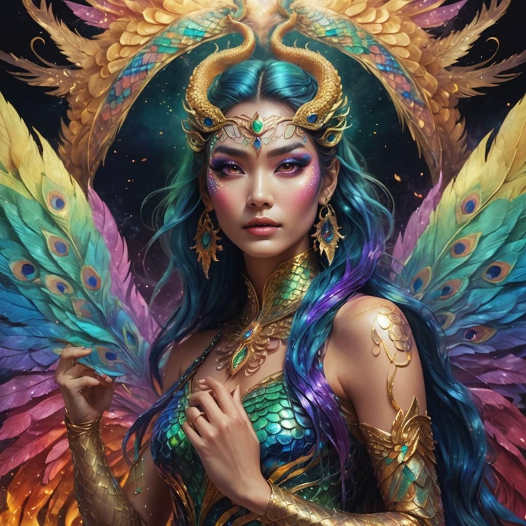 Dragon Woman with Peacock Hair in Digital Art