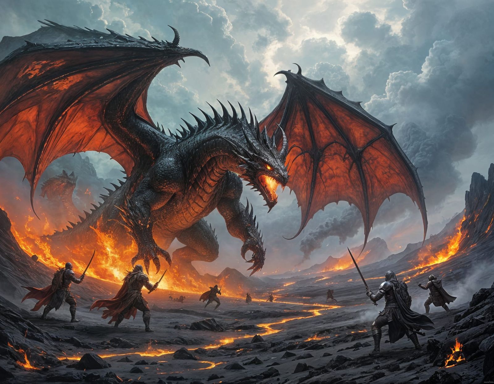 Knights Battle Colossal Dragon on Volcanic Plain