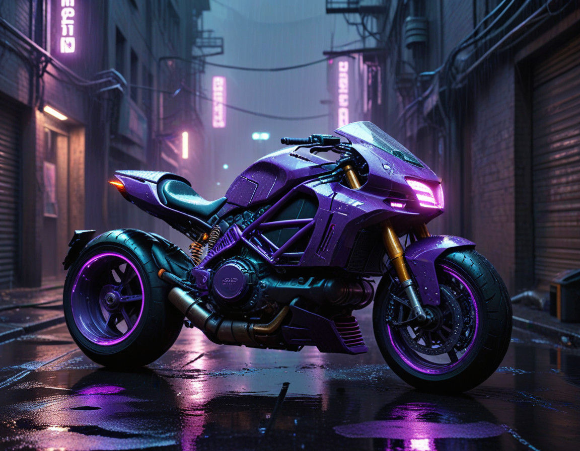 Glowing Purple Ducati in Dystopian Alley