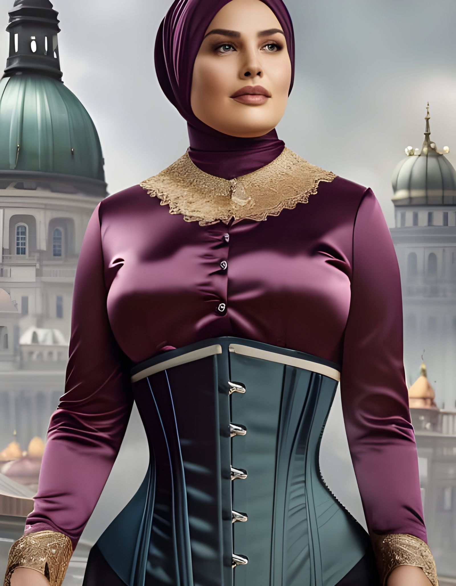 Plus-Size Woman in Corset Outfit, Detailed Matte Painting