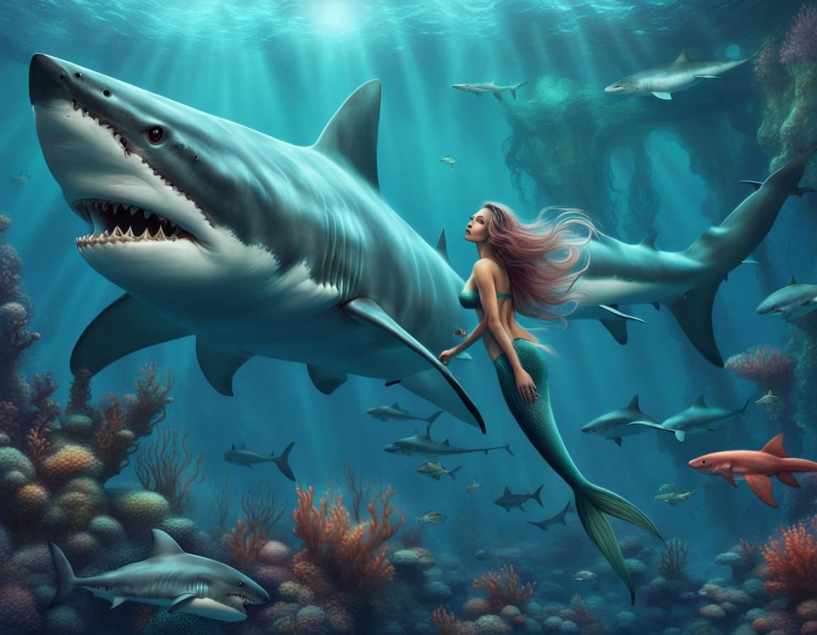 Harmonious Mermaid and Sharks in Underwater World