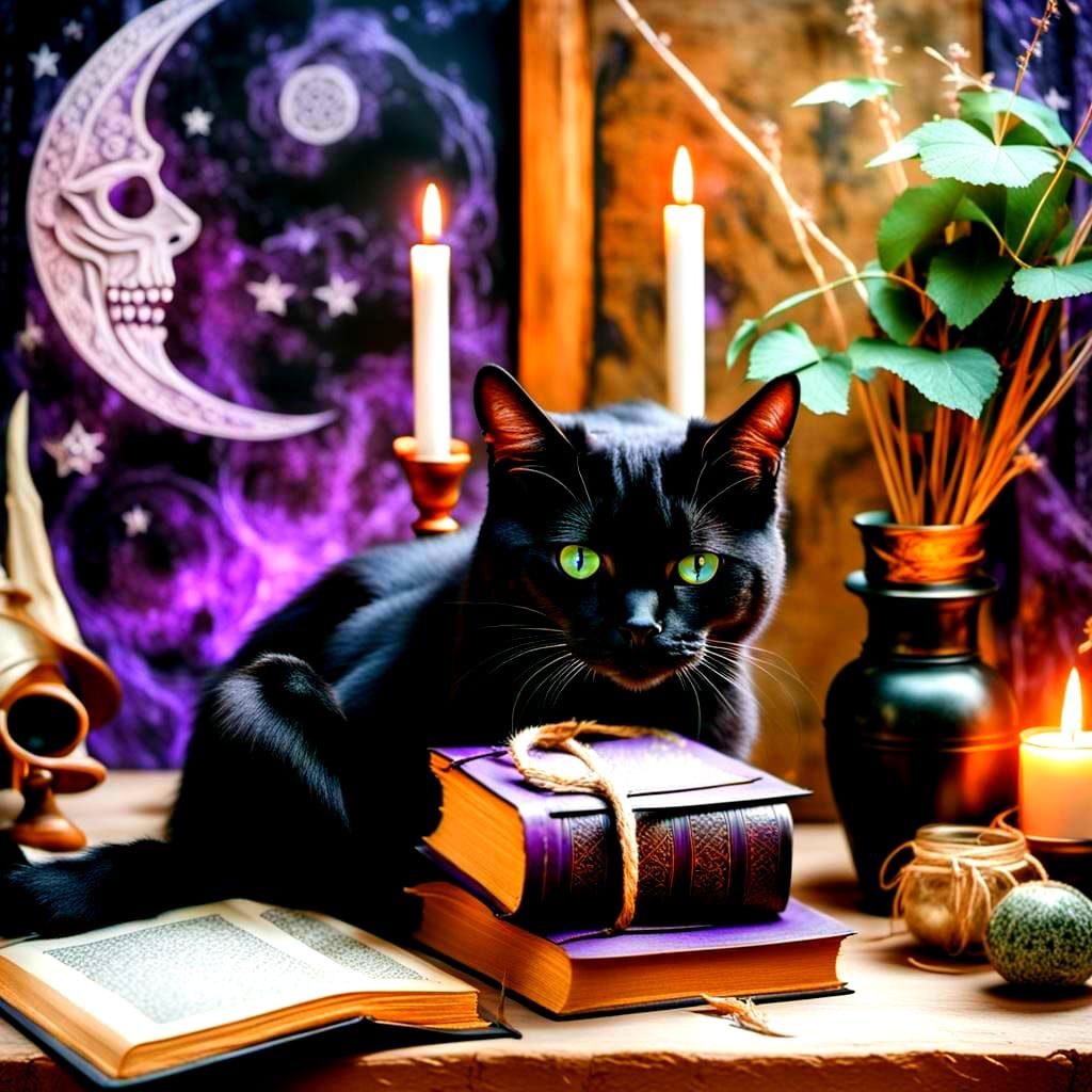 Black Cat on Spell Book in Witchy Cottage