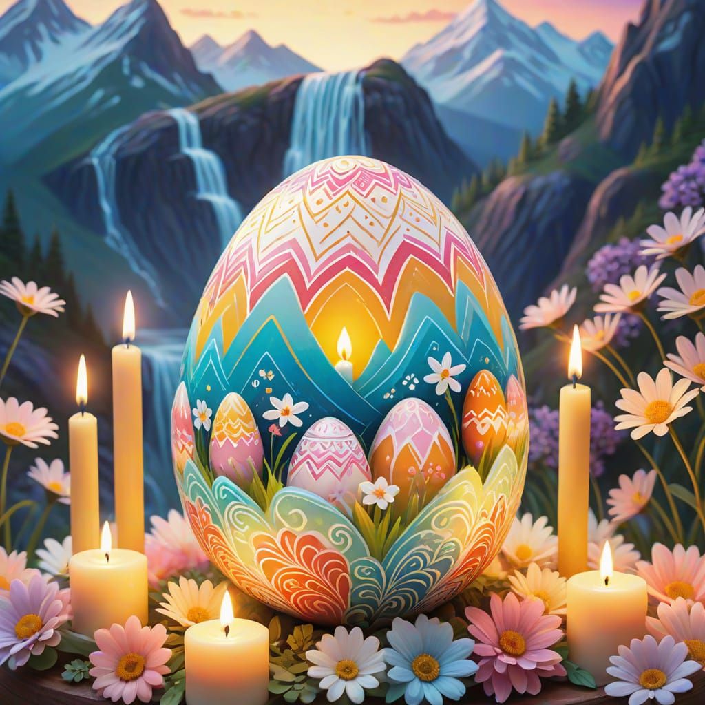 Whimsical Easter Egg on a Mountain of Blooming Flowers