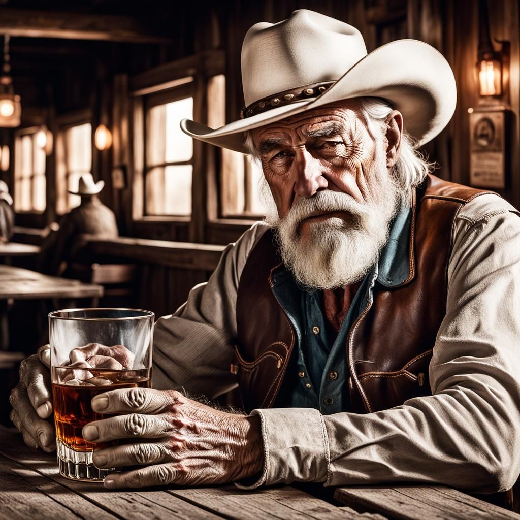 Weary Cowboy Drinks Whiskey in Dusty Saloon