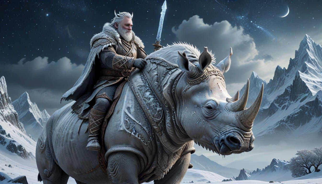 Regal Winter King Rides Frost-Covered Rhinoceros in Gothic F...
