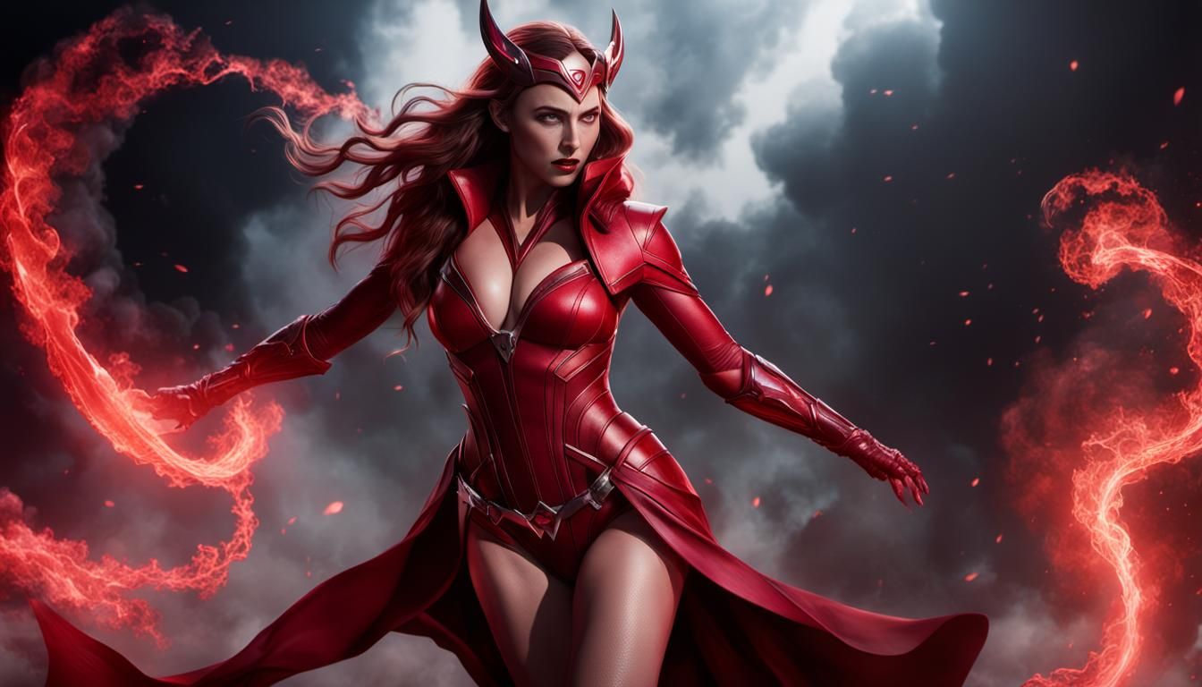 Scarlet Witch in Apocalyptic Setting, Hyperrealistic 3D Rend...