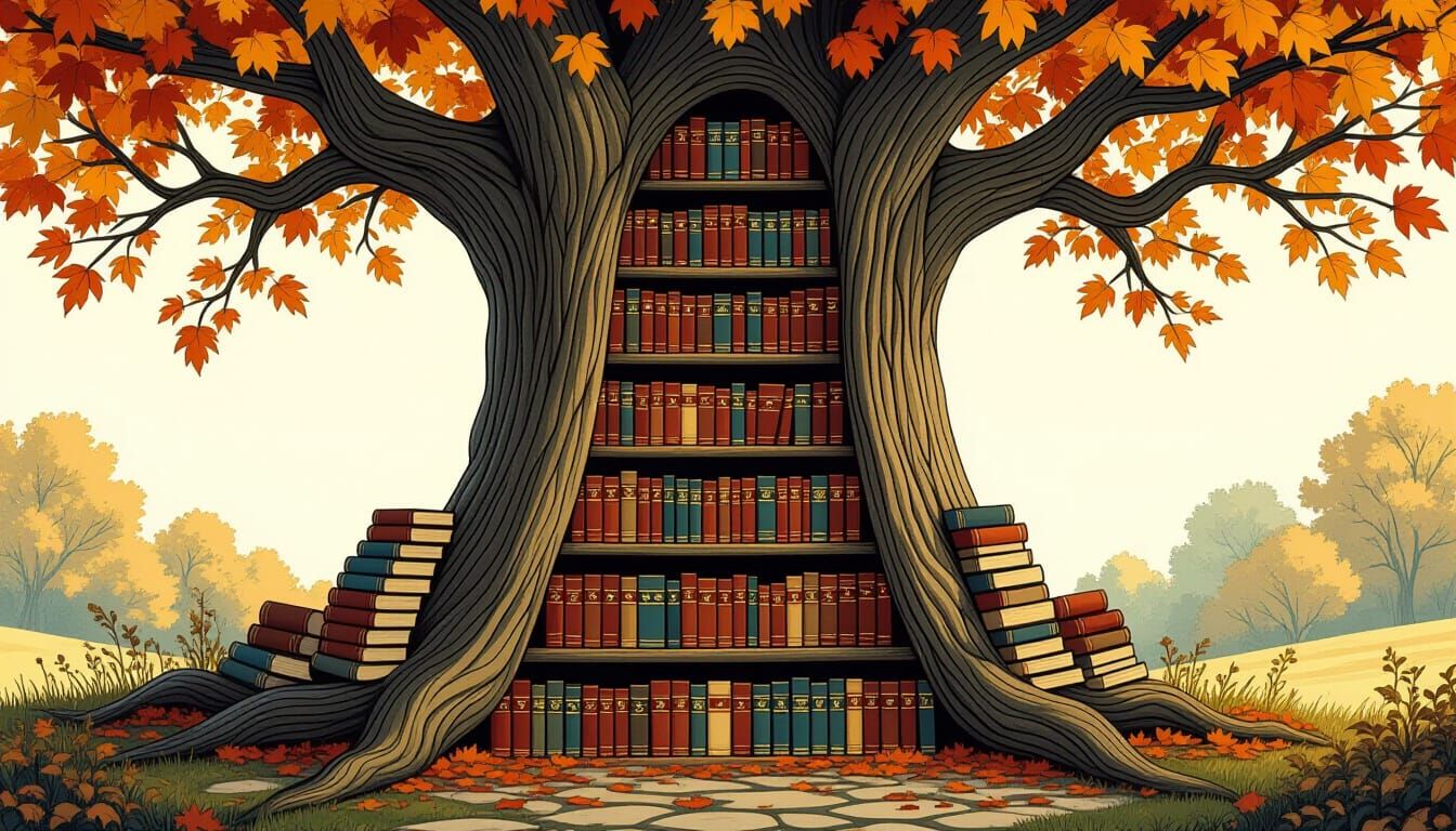 Majestic Tree Bookshelves with Colorful Books