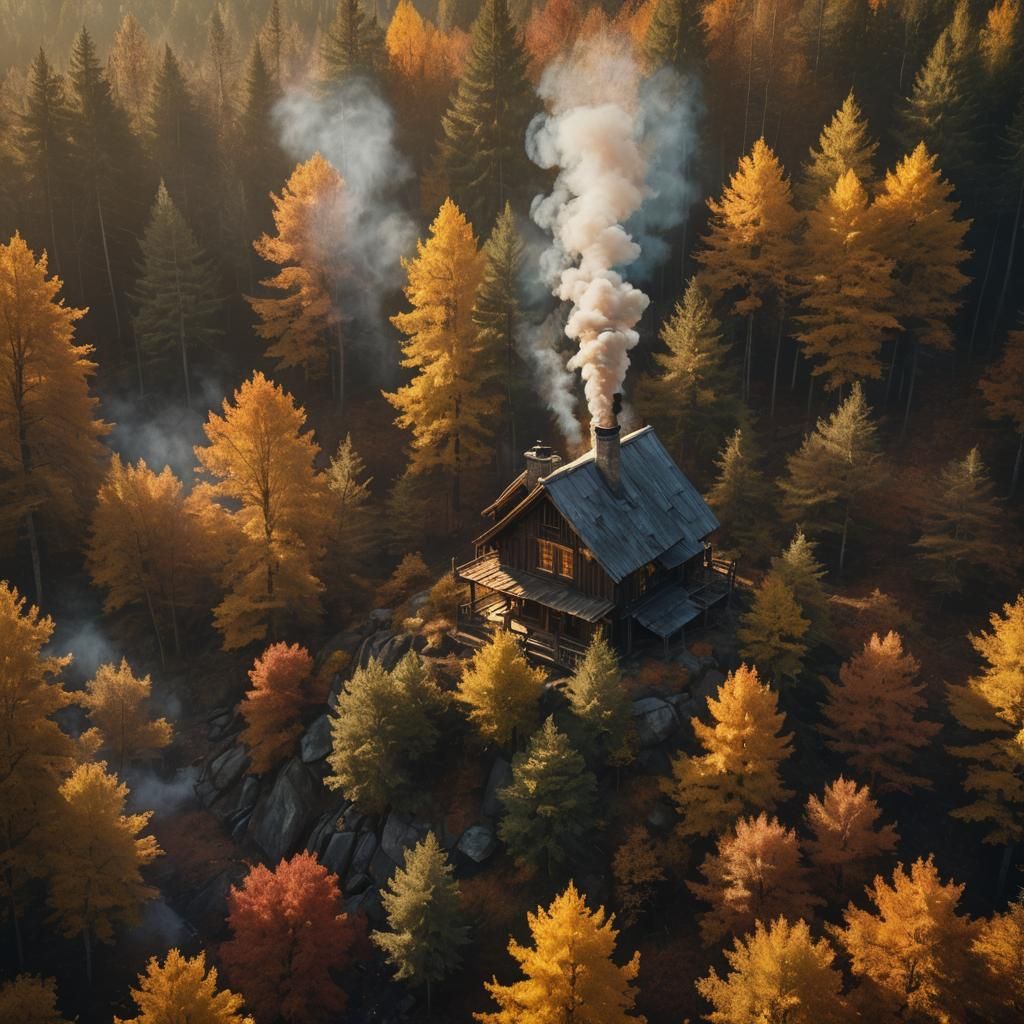 Cozy Cabin in Autumn Woods: Golden Hour Fantasy