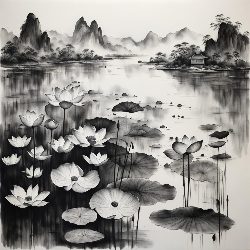 Lotus Lake in Chinese Ink Painting Style