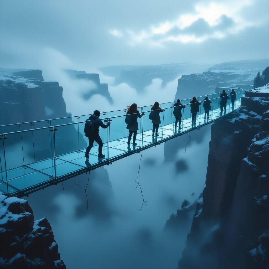 Suspenseful Canyon Crossing on Glass Bridge