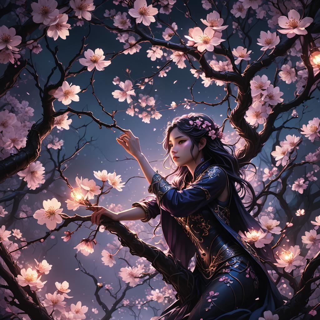 Glowing Cherry Blossoms in Dark Fantasy Style