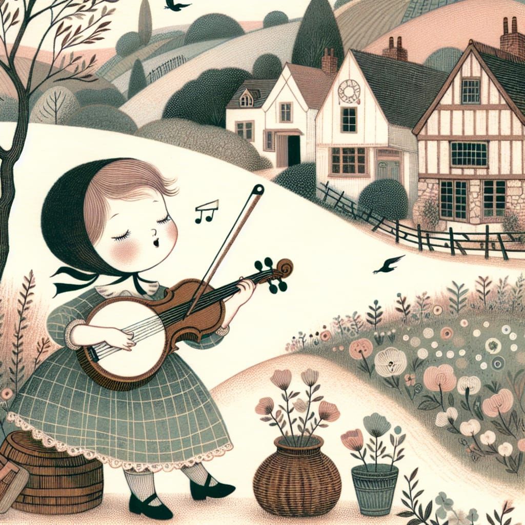 Charming Musician in Idyllic Printmaking Style