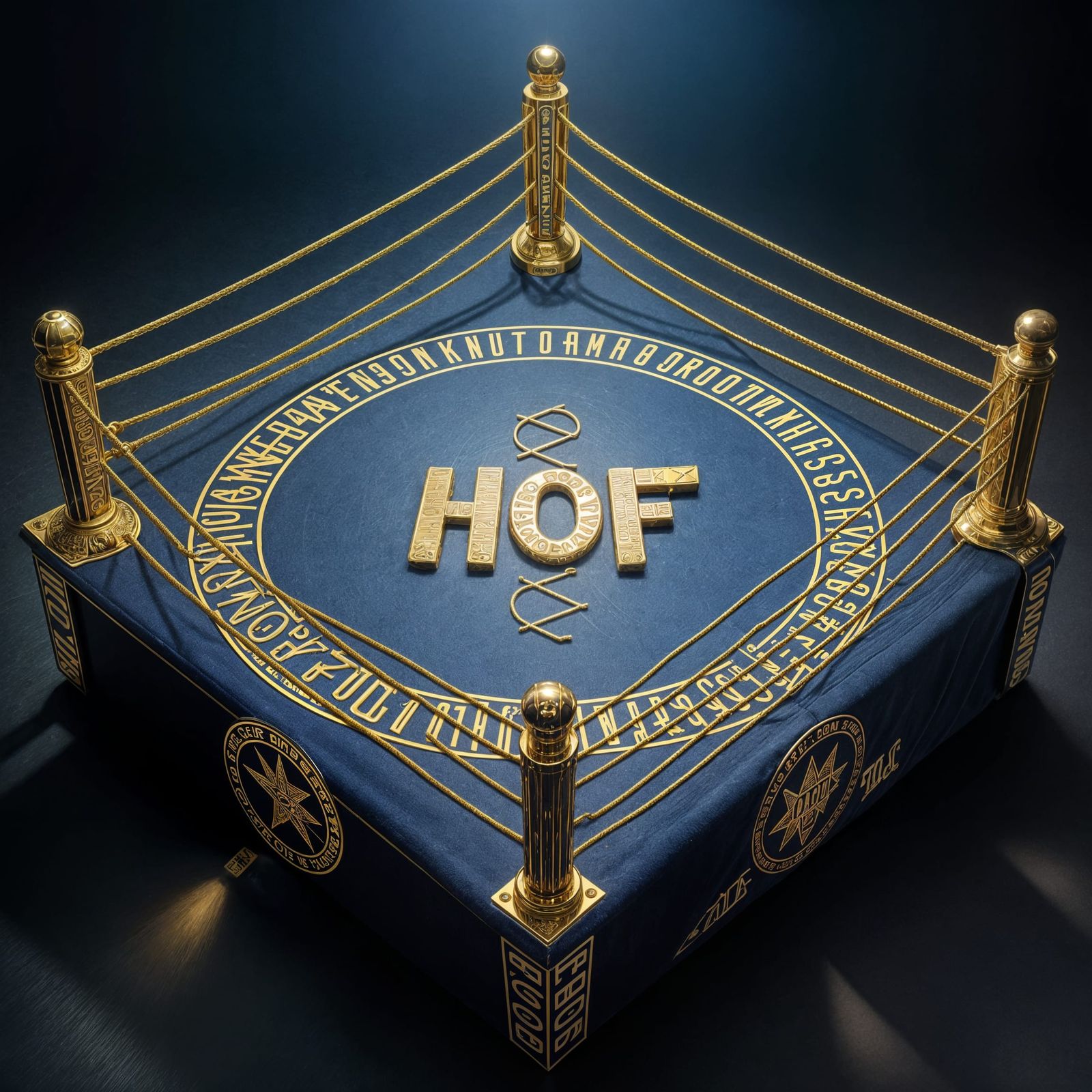 Golden Wrestling Ring with DNA Helix Engraving and HOF Emble...