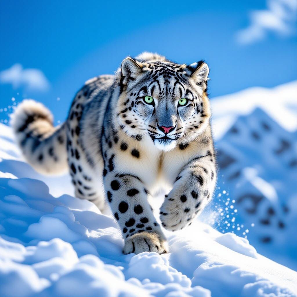 Snow Leopard Leaps Across Snowy Mountain Peak