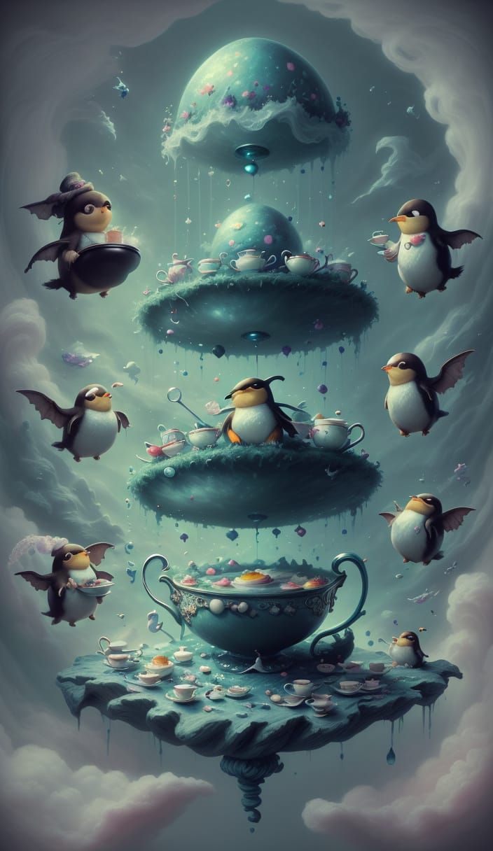 Whimsical Penguins Tea Party on Floating Teacups