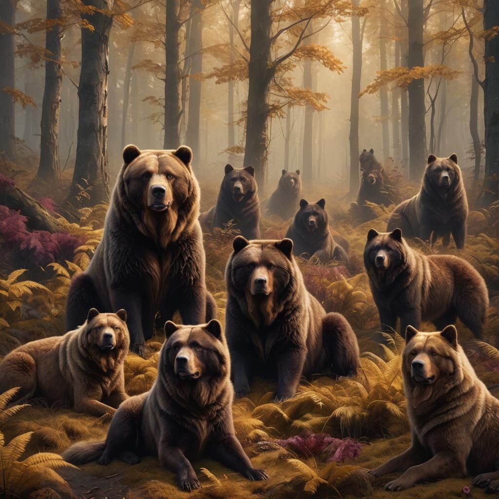 Fluffy Russian Bear Hunting Dogs in Golden Forest