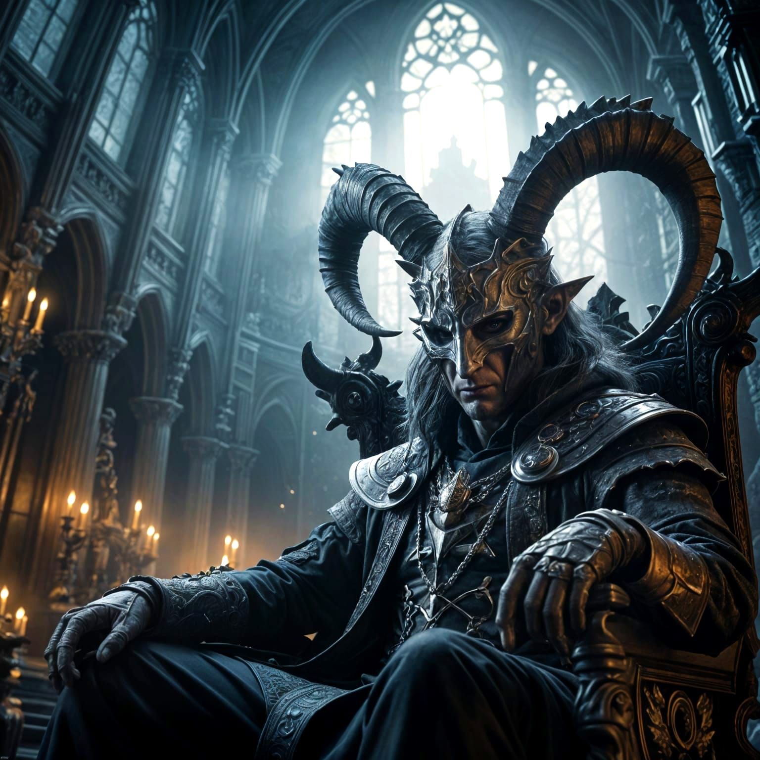 Dark Fantasy Rat Sorcerer with Antelope Horns on Throne