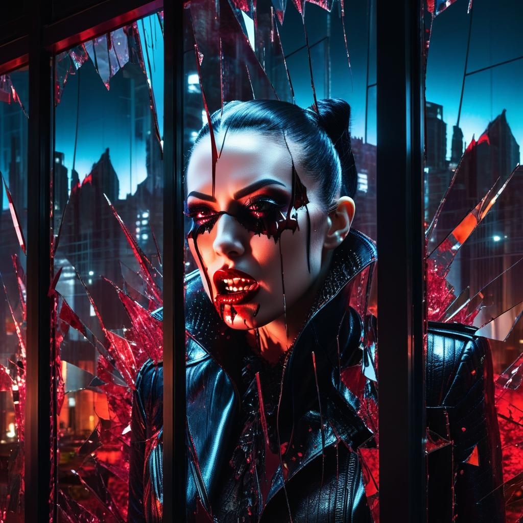 Vampire in Shattered Reflection of Cyberpunk City