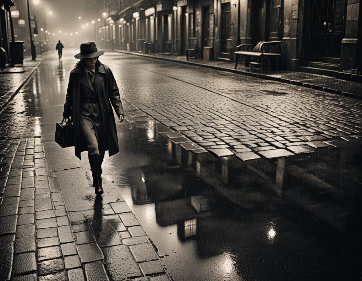 Mysterious Rainy Night Scene in Film Noir Style