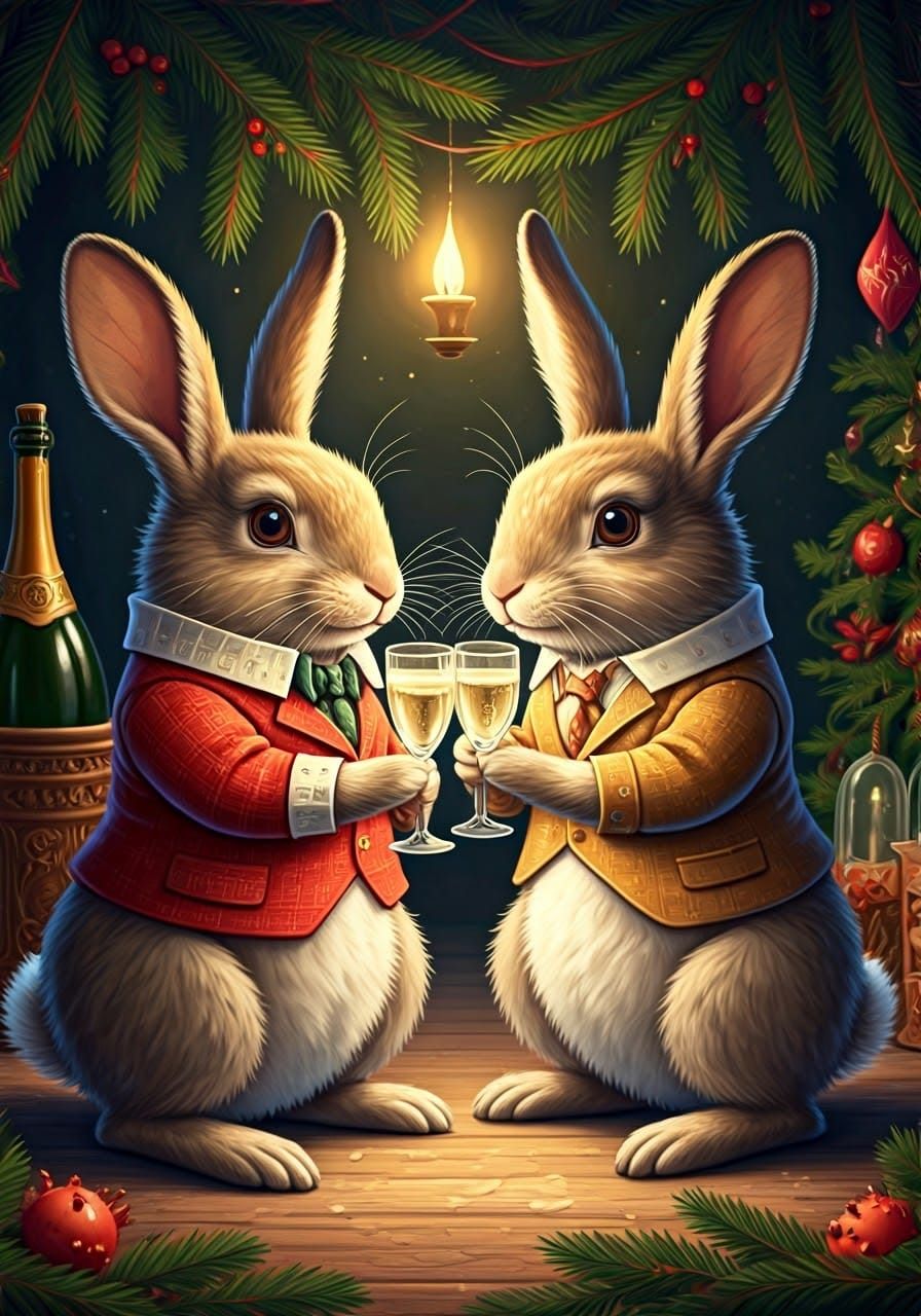 Two Rabbits Raise a Glass in Whimsical Winter Wonderland