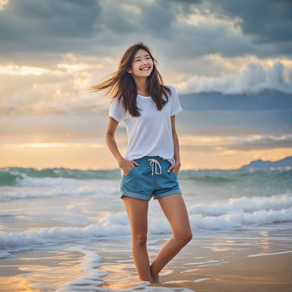 Girl in Shorts Enjoying Beach on Sunny Day