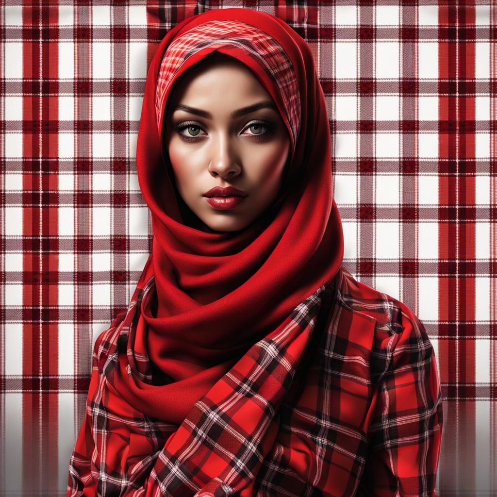 Red Tartan Plaid Hijabi Girl: Digital Art