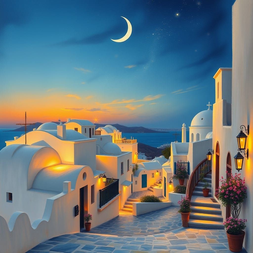 Santorini Village Under Impressionist Golden Light