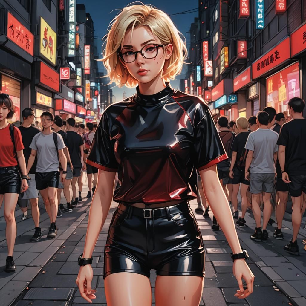 Anime Woman in Latex Walking City Street at Dusk